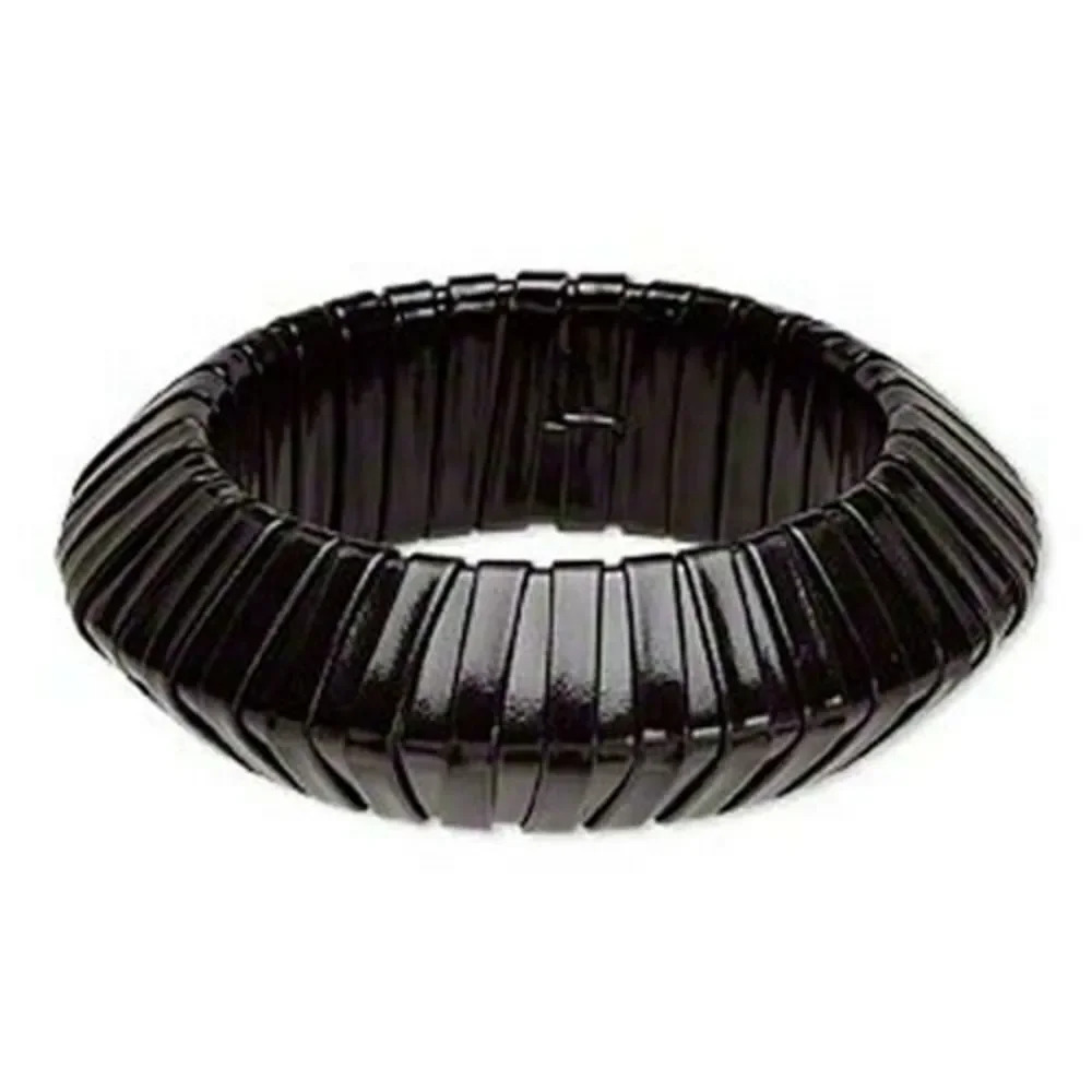 Slick Black PU Vinyl Wrapped Chunky Retro Geometric Saucer Bangle Bracelet